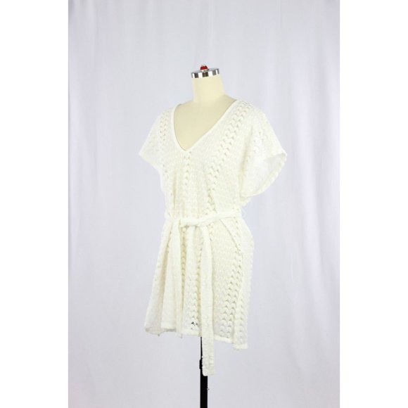 KONA SOL White Crochet V-Neck Belted Mini Dress Cover-Up, Size M - Picture 4 of 11